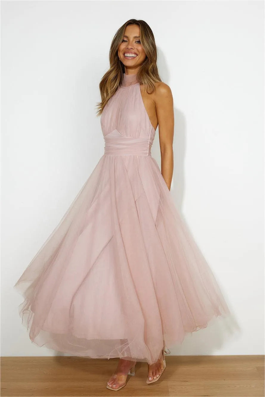 Flowering Girl Women Sleeveless Lace Up Halter Neck Midi Dress Pink