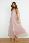 Flowering Girl Women Sleeveless Lace Up Halter Neck Midi Dress Pink