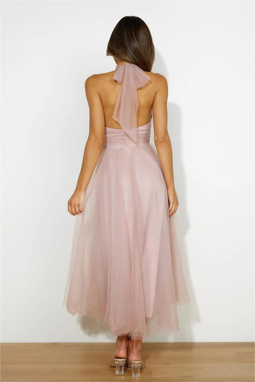 Flowering Girl Women Sleeveless Lace Up Halter Neck Midi Dress Pink