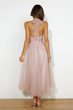 Flowering Girl Women Sleeveless Lace Up Halter Neck Midi Dress Pink
