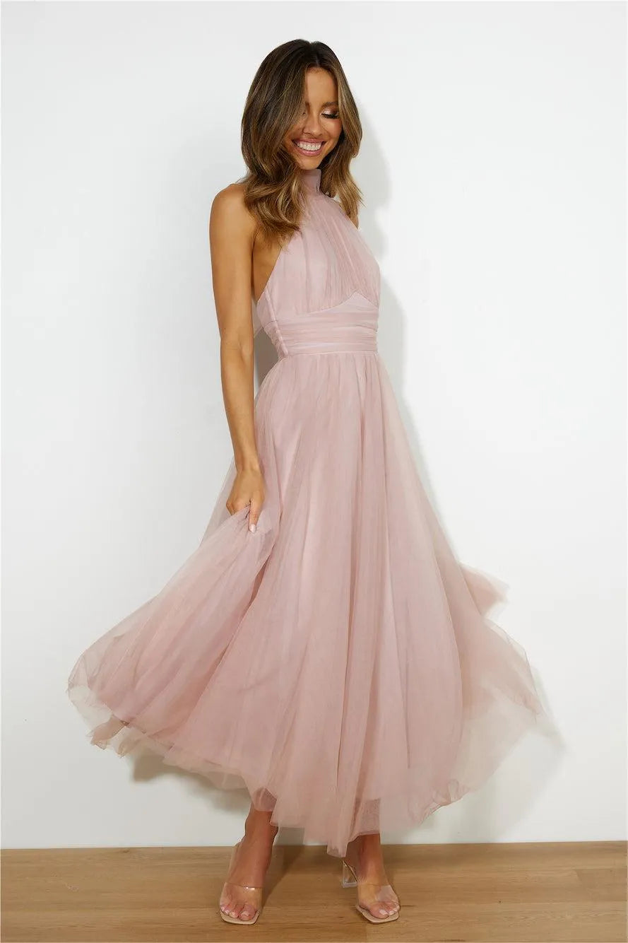 Flowering Girl Women Sleeveless Lace Up Halter Neck Midi Dress Pink