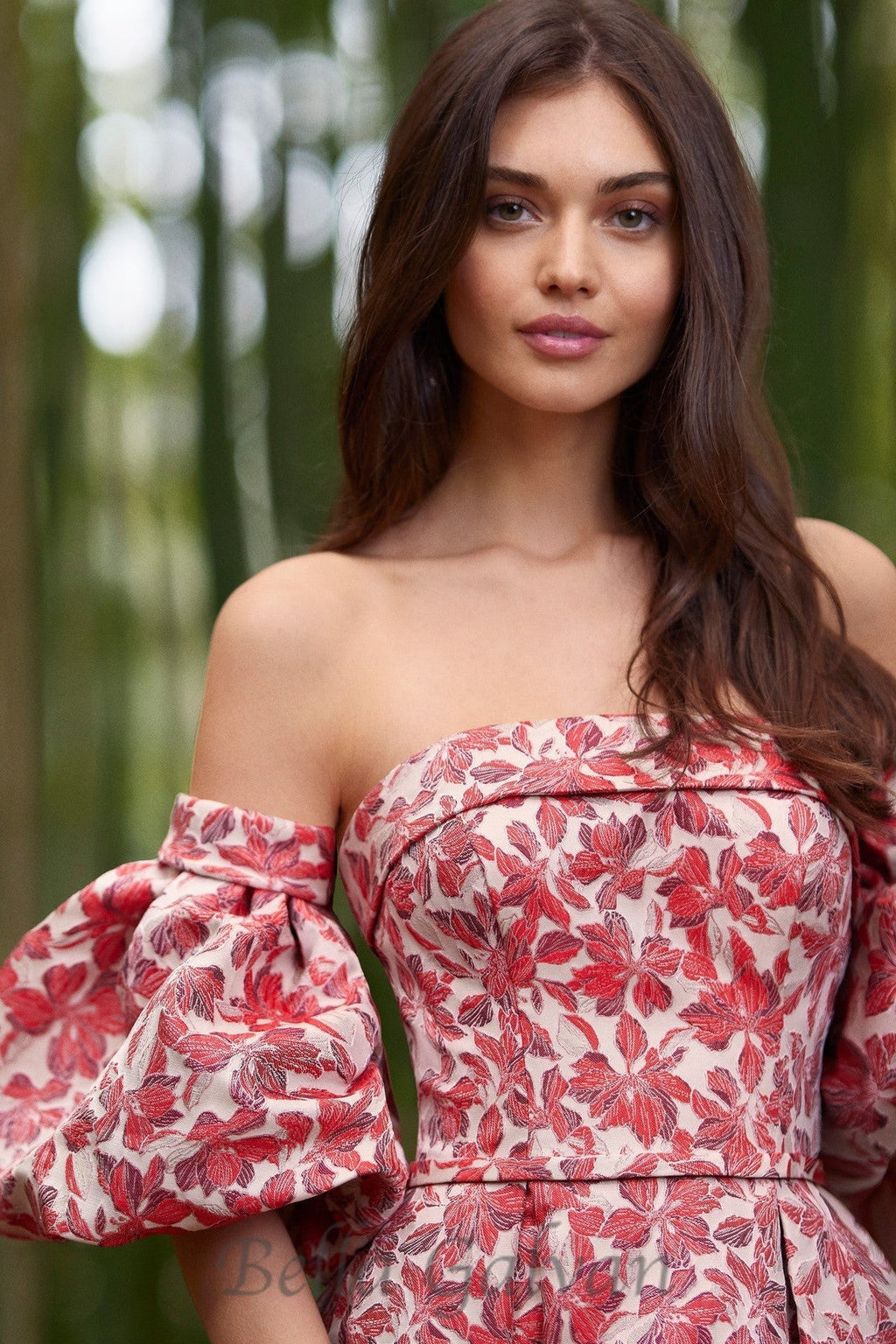 Flowering Girl Women peach Printed Lantern Sleeve Maxi Dress