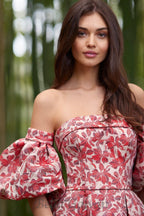 Flowering Girl Women peach Printed Lantern Sleeve Maxi Dress