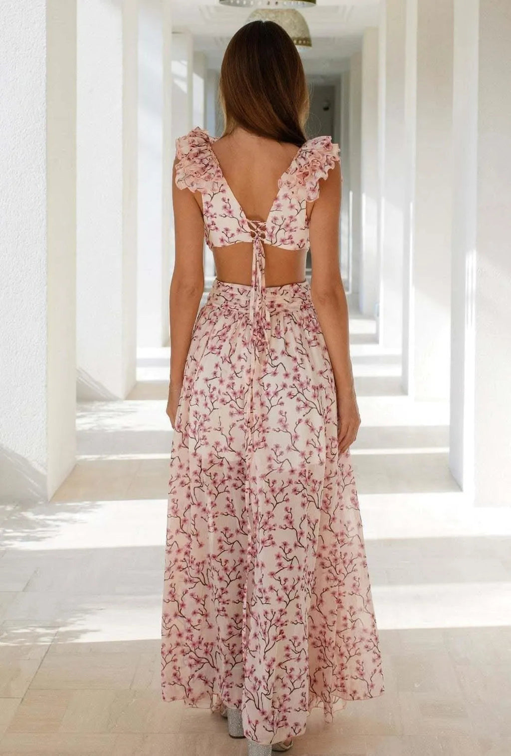 Flowering Girl Women Floral V-Neck Tapered Waist Slit Midi Dress