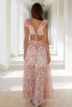 Flowering Girl Women Floral V-Neck Tapered Waist Slit Midi Dress