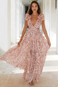 Flowering Girl Women Floral V-Neck Tapered Waist Slit Midi Dress