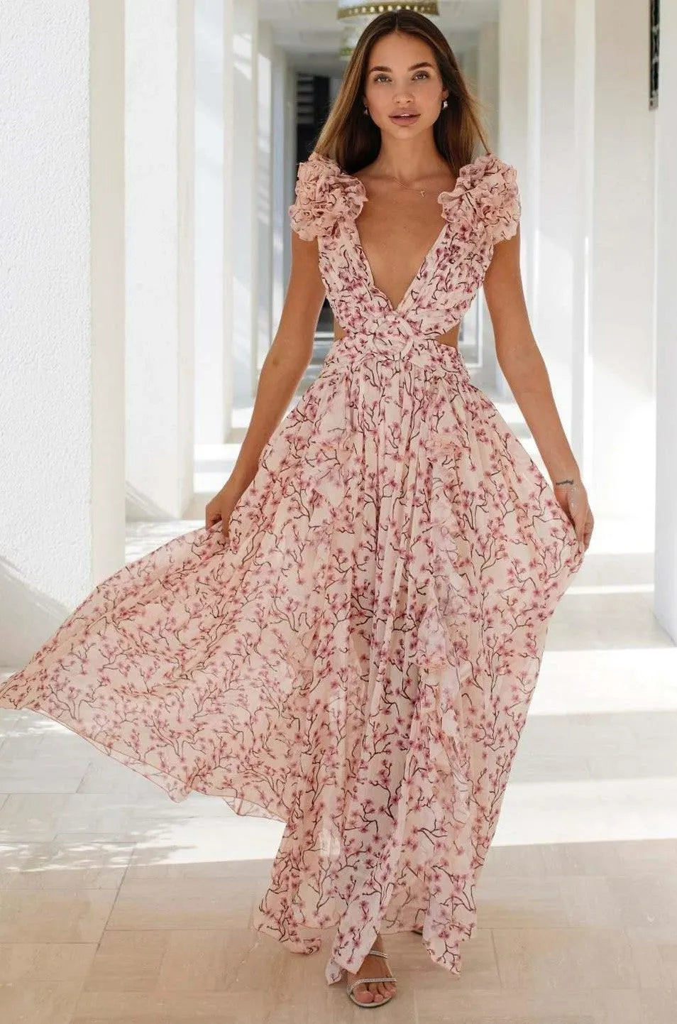 Flowering Girl Women Floral V-Neck Tapered Waist Slit Midi Dress