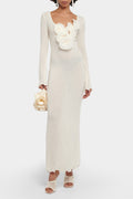 Flowering Girl Women Long Sleeve V-Neck Slit Maxi Dress Solid Color