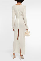 Flowering Girl Women Long Sleeve V-Neck Slit Maxi Dress Solid Color