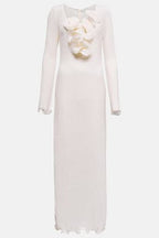 Flowering Girl Women Long Sleeve V-Neck Slit Maxi Dress Solid Color