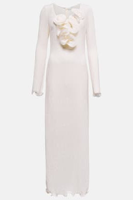 Flowering Girl Women Long Sleeve V-Neck Slit Maxi Dress Solid Color