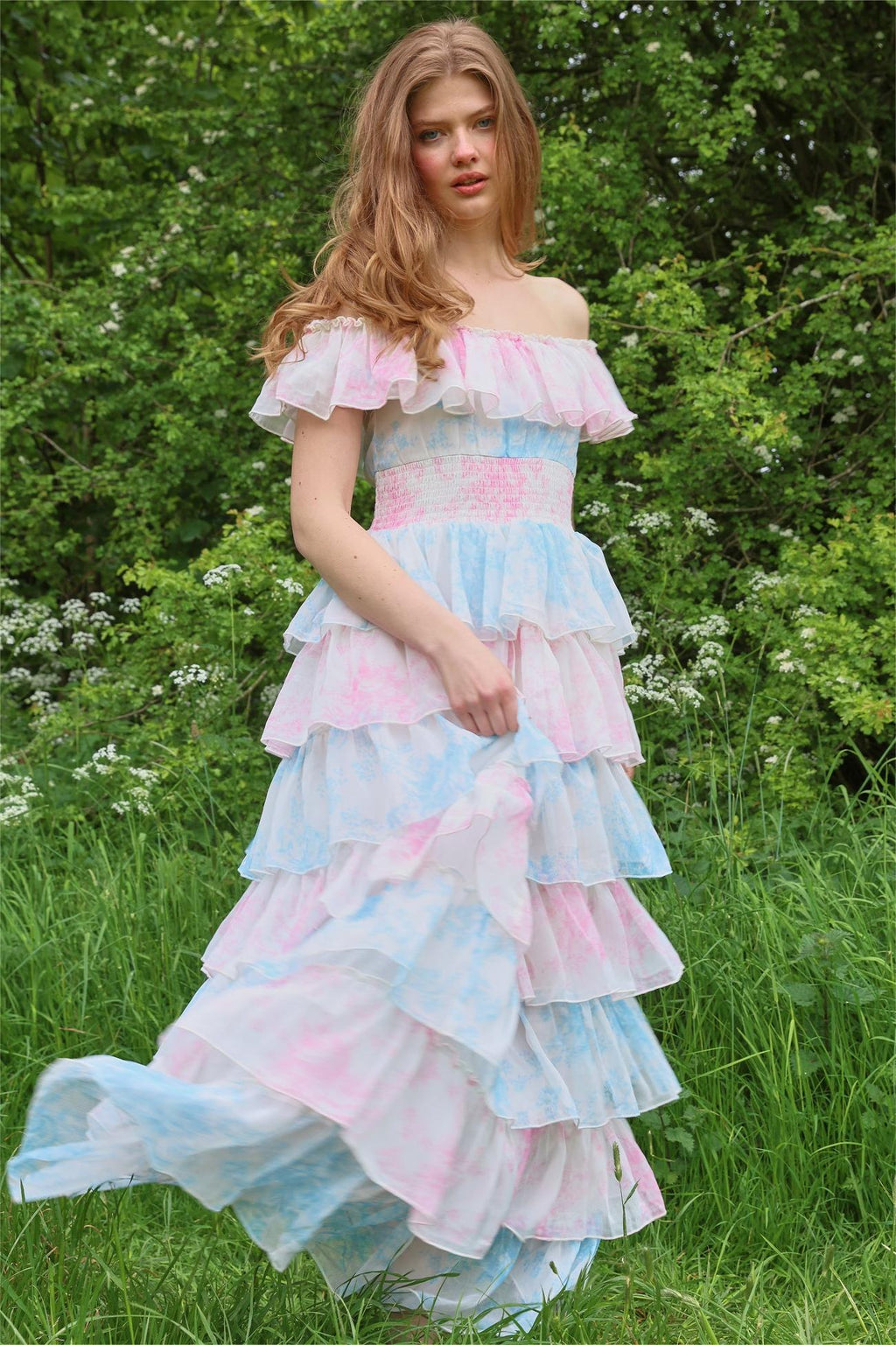 Flowering Girl Women Tie Dye Ruffle Off-Shoulder Midi Dress
