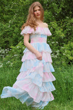 Flowering Girl Women Tie Dye Ruffle Off-Shoulder Midi Dress