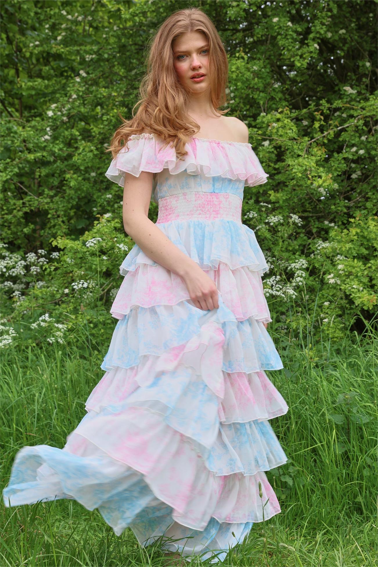 Flowering Girl Women Tie Dye Ruffle Off-Shoulder Midi Dress