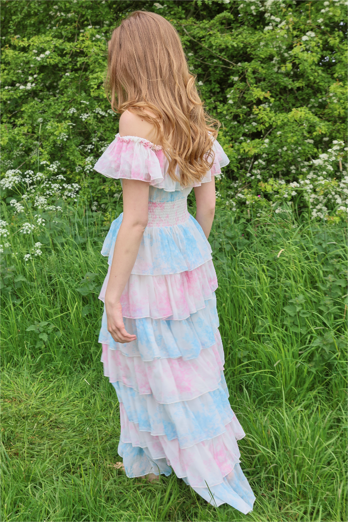 Flowering Girl Women Tie Dye Ruffle Off-Shoulder Midi Dress