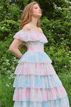 Flowering Girl Women Tie Dye Ruffle Off-Shoulder Midi Dress