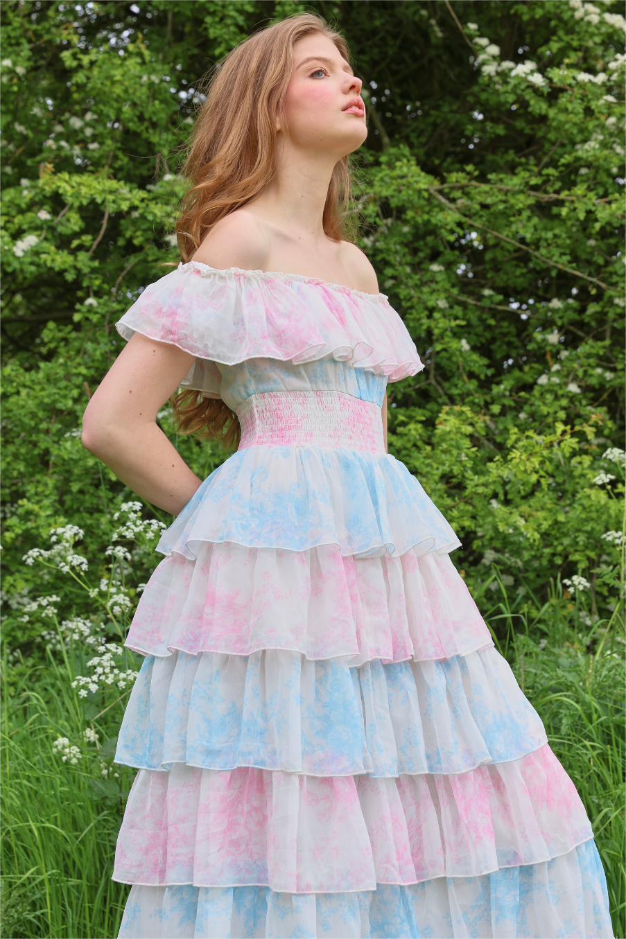 Flowering Girl Women Tie Dye Ruffle Off-Shoulder Midi Dress