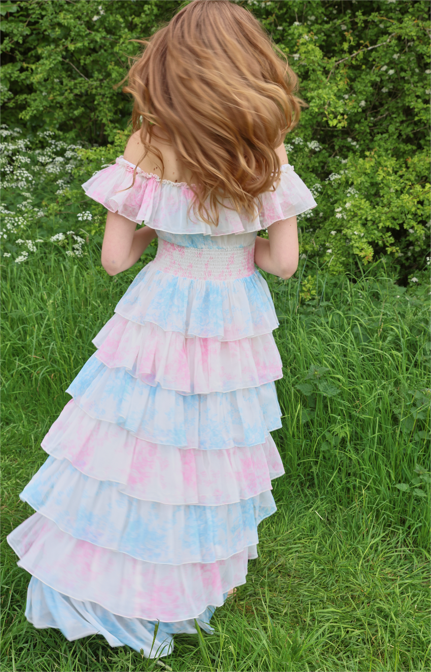 Flowering Girl Women Tie Dye Ruffle Off-Shoulder Midi Dress