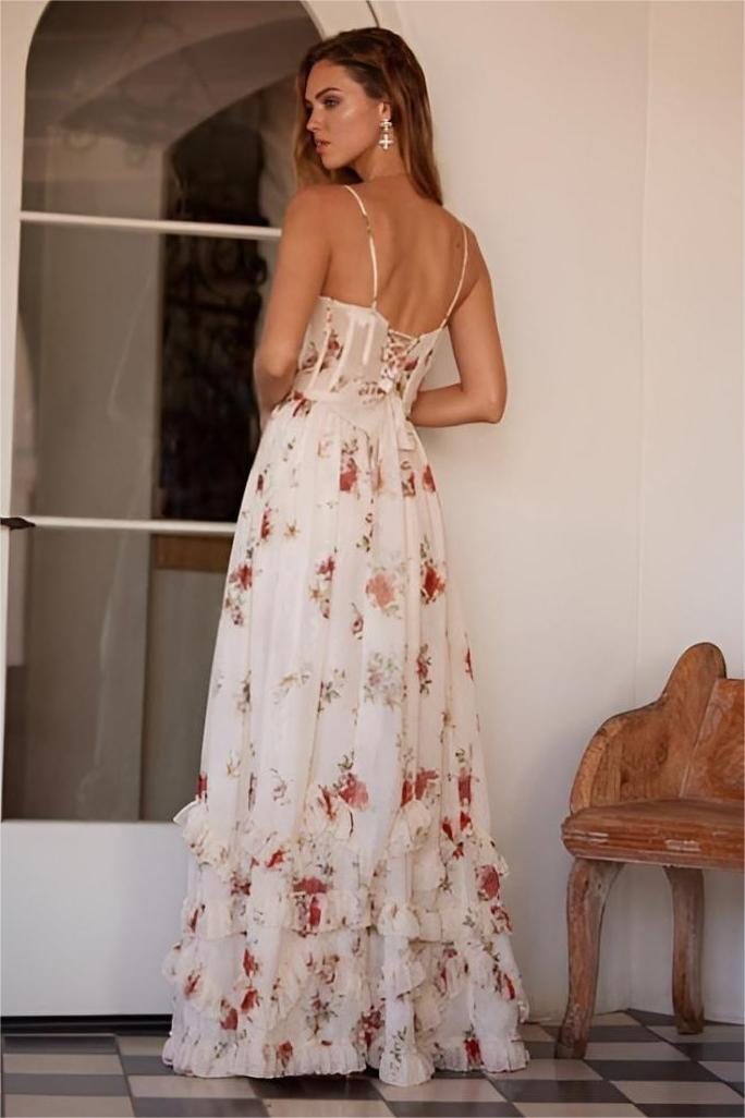 Flowering Girl Women Floral Sweetheart Neck Split Midi Dress