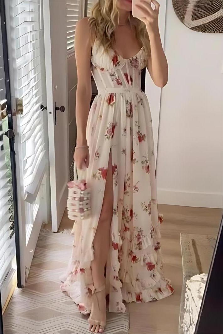 Flowering Girl Women Floral Sweetheart Neck Split Midi Dress