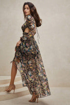 Flowering Girl Women Chiffon Paisley Print Long Sleeve Midi Dress
