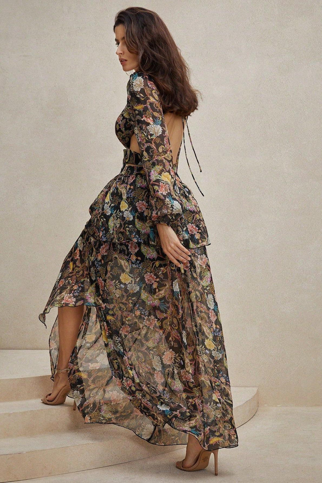 Flowering Girl Women Chiffon Paisley Print Long Sleeve Midi Dress