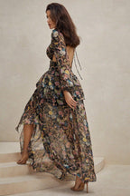 Flowering Girl Women Chiffon Paisley Print Long Sleeve Midi Dress