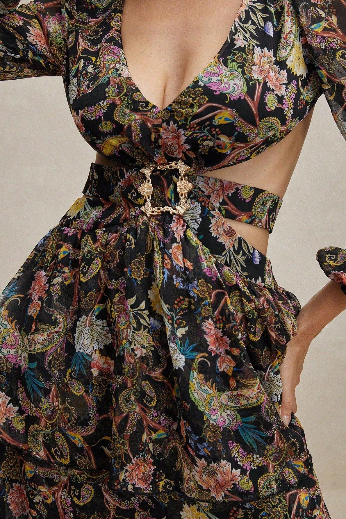 Flowering Girl Women Chiffon Paisley Print Long Sleeve Midi Dress