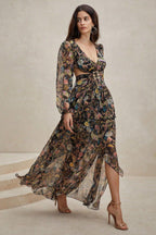 Flowering Girl Women Chiffon Paisley Print Long Sleeve Midi Dress