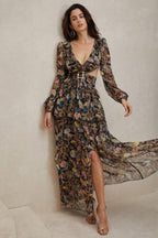 Flowering Girl Women Chiffon Paisley Print Long Sleeve Midi Dress