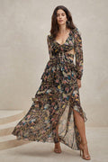 Flowering Girl Women Chiffon Paisley Print Long Sleeve Midi Dress