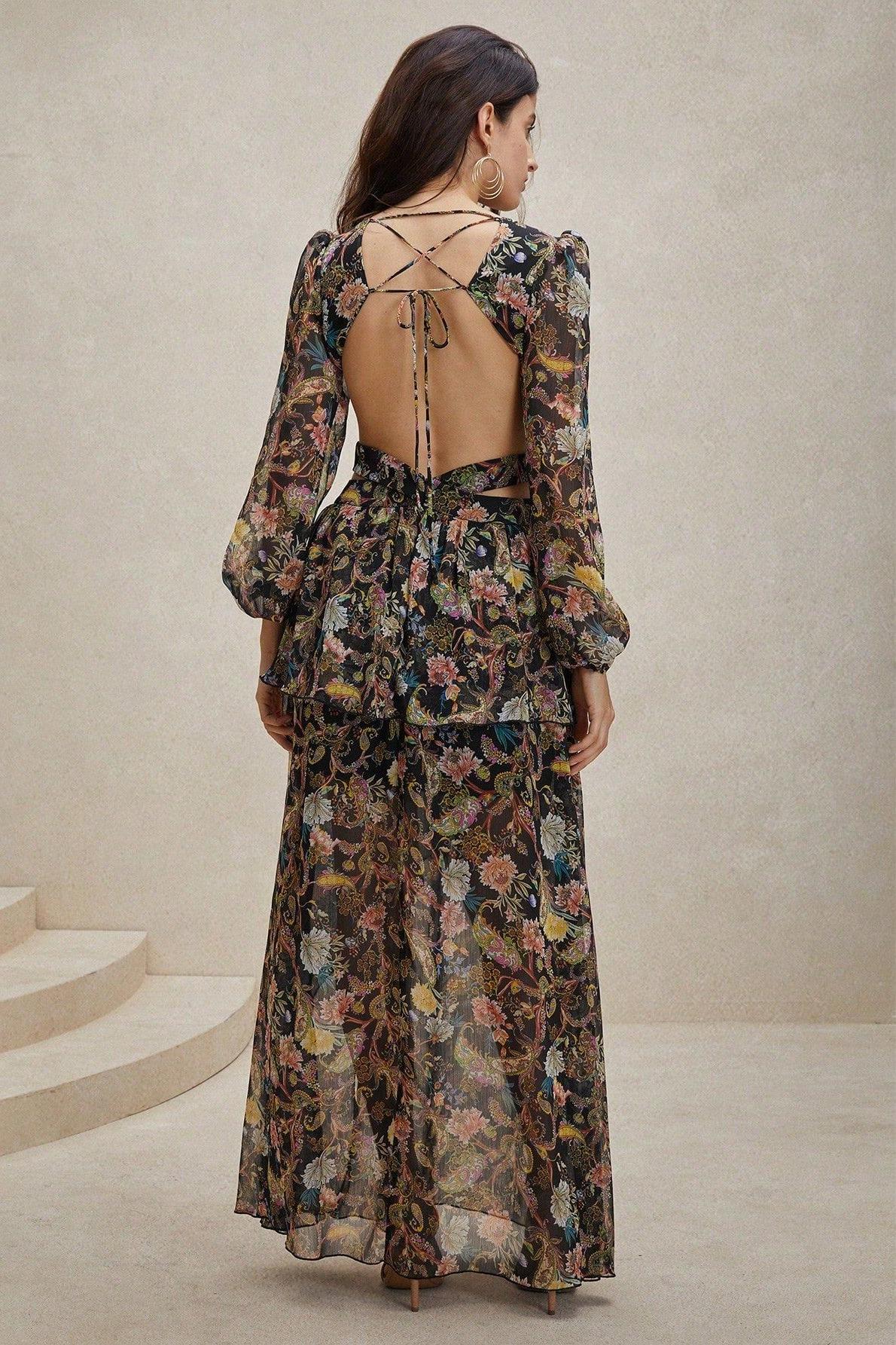 Flowering Girl Women Chiffon Paisley Print Long Sleeve Midi Dress