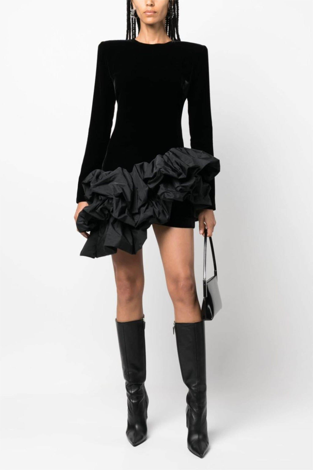 Flowering Girl Women Solid Velvet Long Sleeve Ruffle Mini Dress