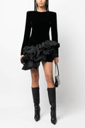 Flowering Girl Women Solid Velvet Long Sleeve Ruffle Mini Dress