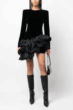 Flowering Girl Women Solid Velvet Long Sleeve Ruffle Mini Dress