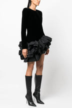 Flowering Girl Women Solid Velvet Long Sleeve Ruffle Mini Dress
