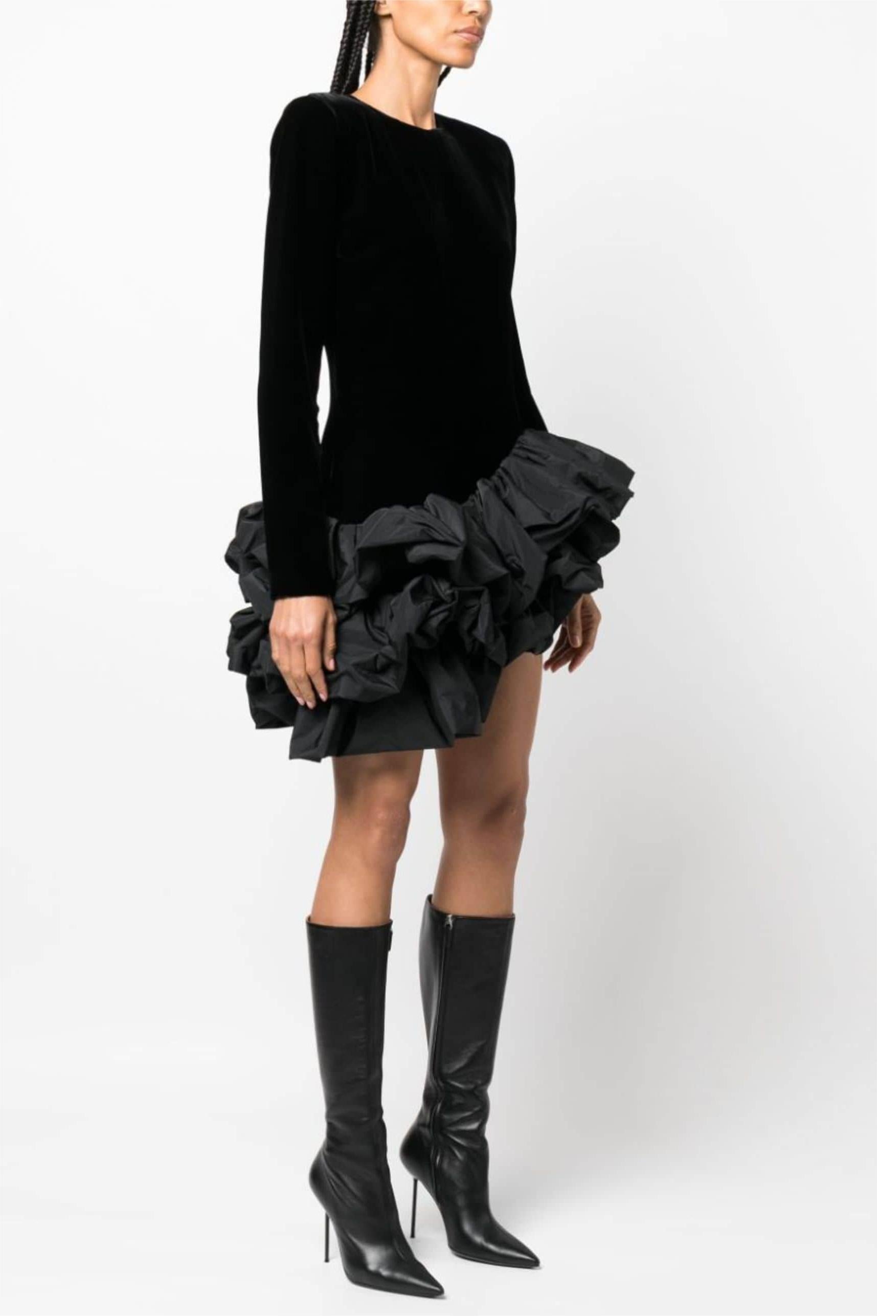 Flowering Girl Women Solid Velvet Long Sleeve Ruffle Mini Dress