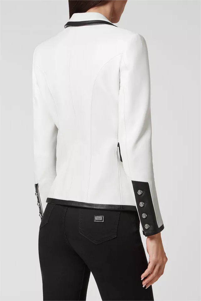 Flowering Girl Women Pu Leather Rhinestone Bottom Blazer in white