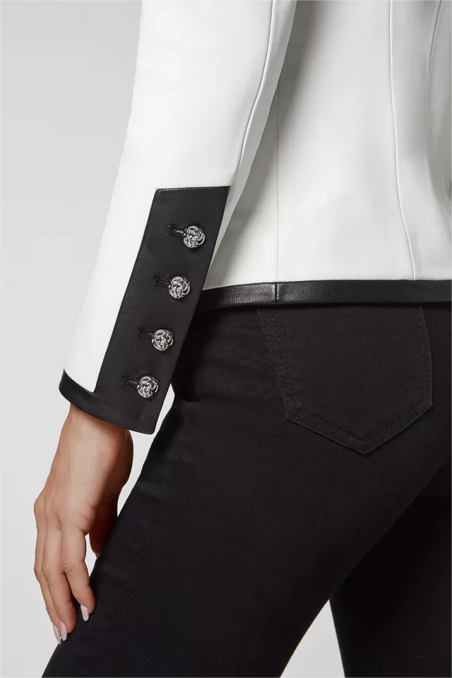 Flowering Girl Women Pu Leather Rhinestone Bottom Blazer in white