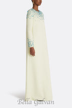 Flowering Girl Women Rhinestone embellished Round Neck Maxi Dress in beige