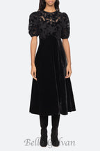 Flowering Girl Women Velvet Puff Sleeve Embroidered Midi Dress in black