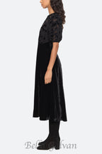 Flowering Girl Women Velvet Puff Sleeve Embroidered Midi Dress in black