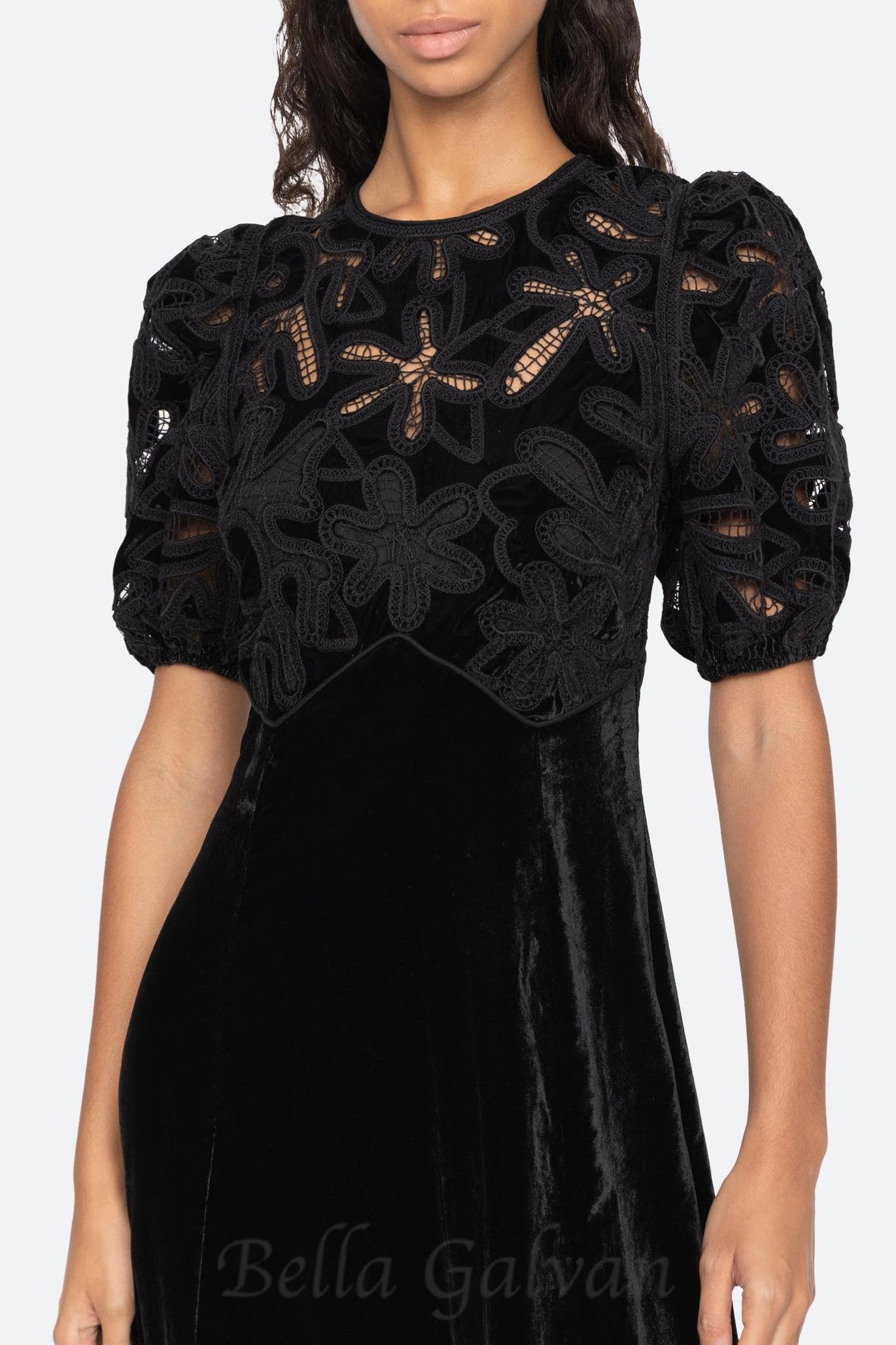 Flowering Girl Women Velvet Puff Sleeve Embroidered Midi Dress in black