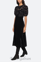 Flowering Girl Women Velvet Puff Sleeve Embroidered Midi Dress in black