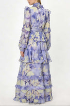 alyssa purple Floral print Ruffle Maxi Dress With Belt