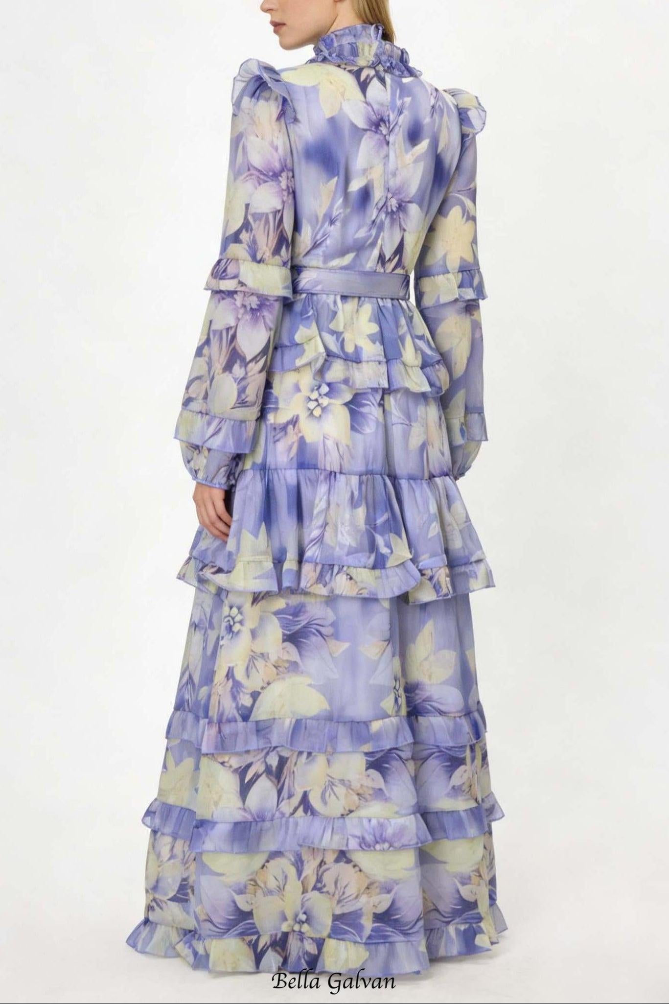 alyssa purple Floral print Ruffle Maxi Dress With Belt
