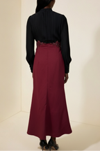 carlin Balloon Sleeve Ruched Tie Up Midi Dress - black & red