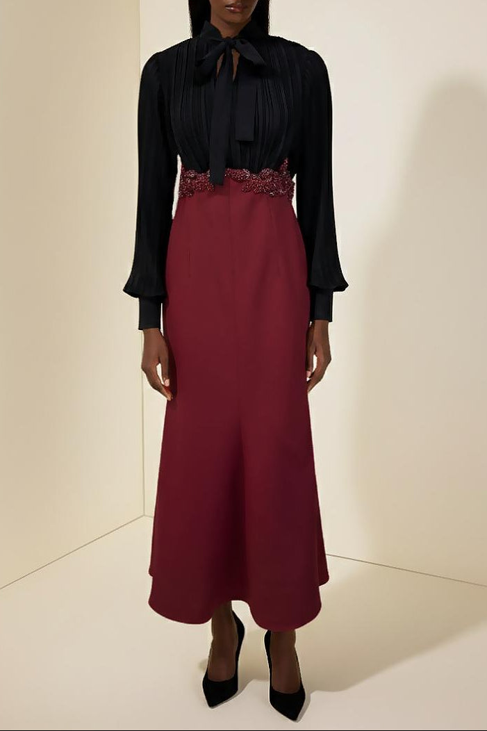 Carlin Balloon Sleeve Ruched Tie Up Midi Dress - Black & Red