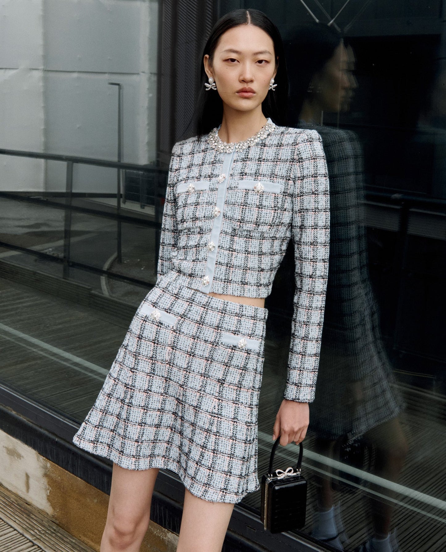 marjorie rhinestone Check Knit Cardigan skirt set - pale blue
