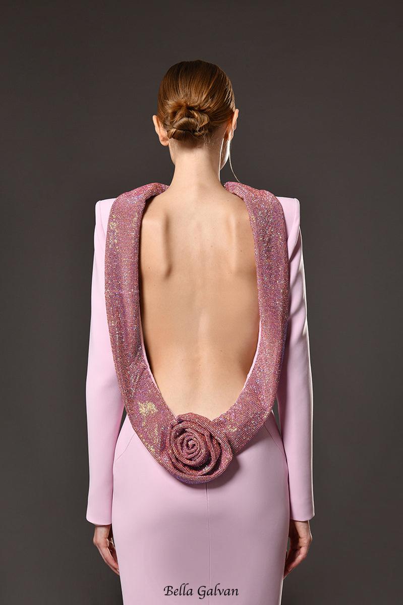 violet Pink crêpe maxi dress with crystal chainmail flower